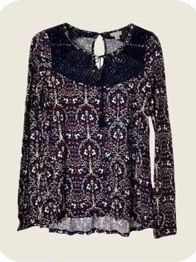 CAPE JUBY Boho Floral Lace Accent Top, Women’s PS, Multicolor